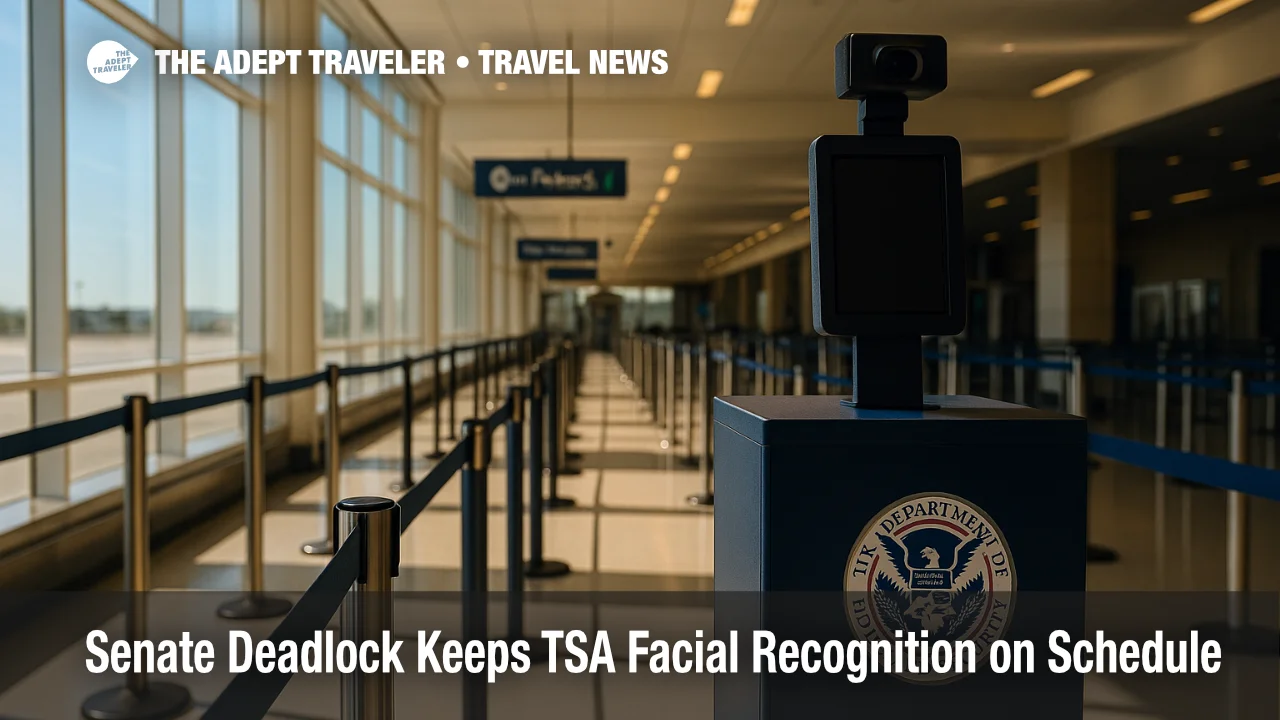 TSA facial recognition checkpoint lane in a busy U.S. airport, biometric camera above podium underscores nationwide roll-out.