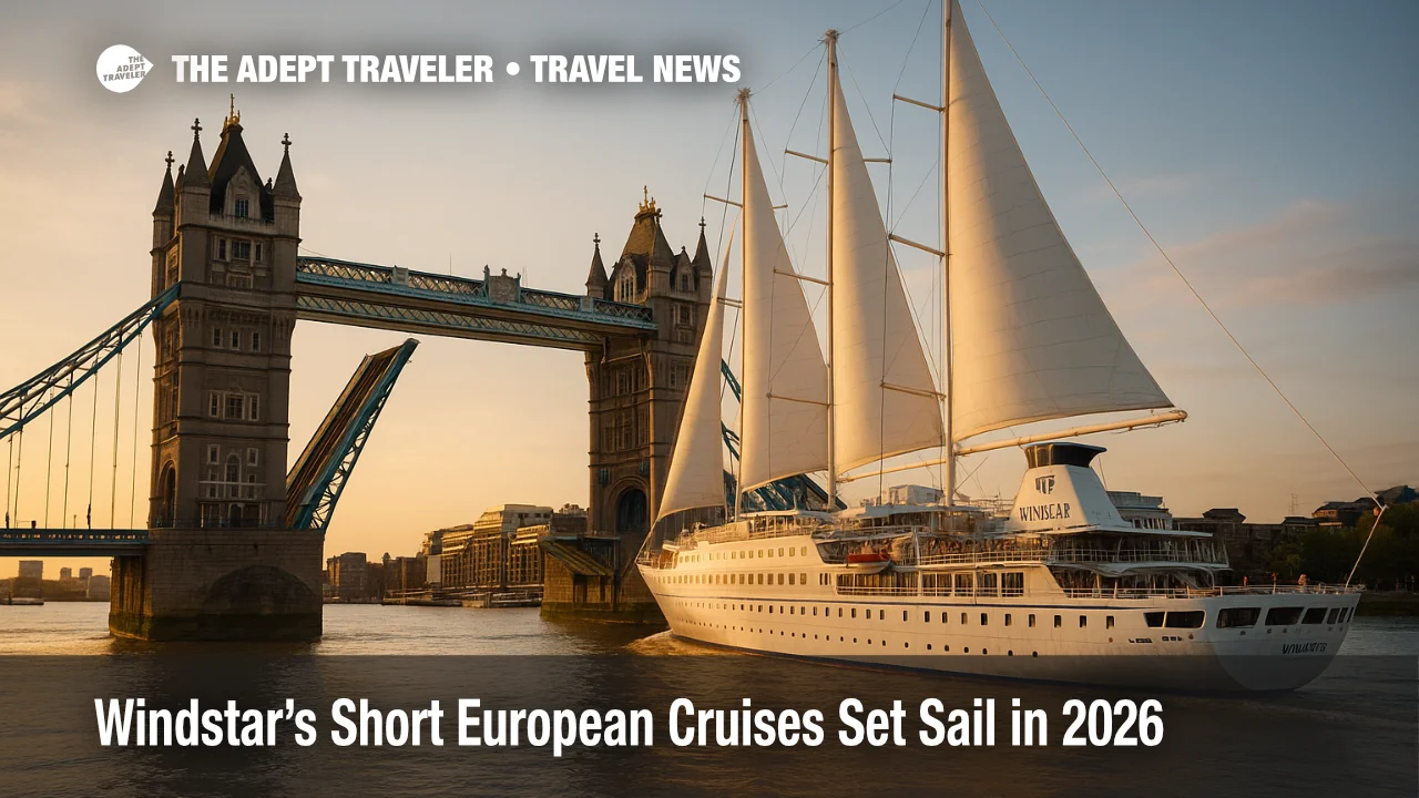 Windstar yacht glides under Tower Bridge on a short European cruise, symbolizing the new Quick Getaways collection.