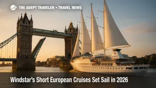 Windstar yacht glides under Tower Bridge on a short European cruise, symbolizing the new Quick Getaways collection.