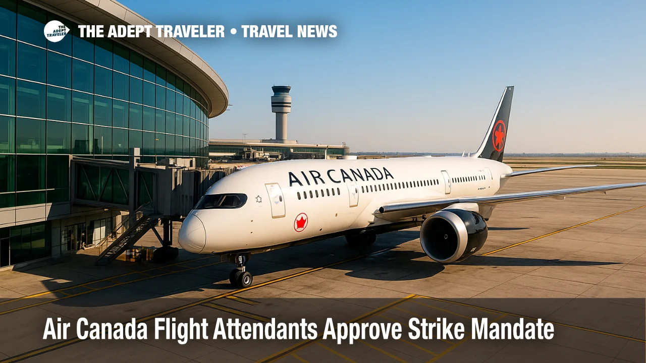 Air Canada Boeing 787 at Toronto Pearson gate during talks over flight-attendant strike mandate.