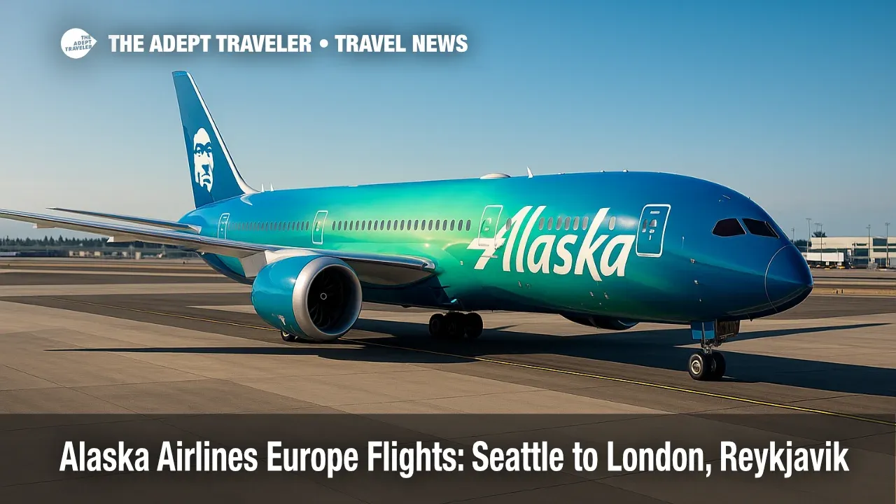 Alaska Airlines Dreamliner in northern lights livery at Seattle-Tacoma International Airport ahead of new Europe flights.