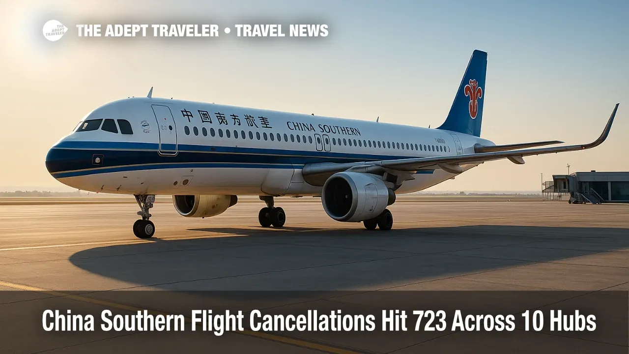 China Southern flight cancellations leave Airbus A321 parked on quiet apron under clear morning sky, illustrating. disruption.