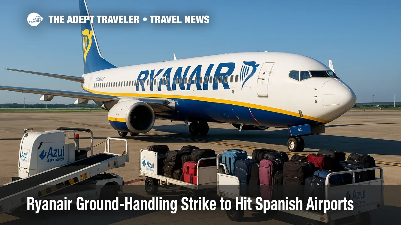 Azul Handling crews pause beside a Ryanair jet at Barcelona's ramp during the announced ground-handling strike, illustrating potential baggage delays.