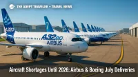 Newly built Airbus A320neo and Boeing 737 MAX jets parked on delivery ramp, illustrating aircraft shortages and high fares.
