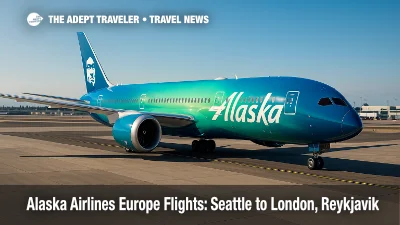 Alaska Airlines Dreamliner in northern lights livery at Seattle-Tacoma International Airport ahead of new Europe flights.