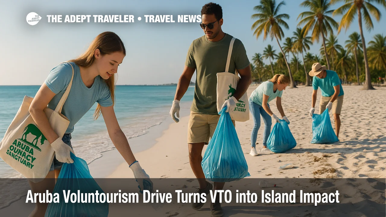 Volunteers collect plastic debris on Aruba's Eagle Beach during an Aruba voluntourism beach cleanup, illustrating the new Aruba VTO program.