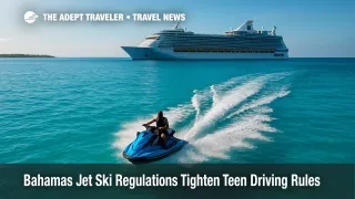 A jet ski speeds through turquoise water near CocoCay, emphasizing new Bahamas jet ski regulations and water sports safety measures.