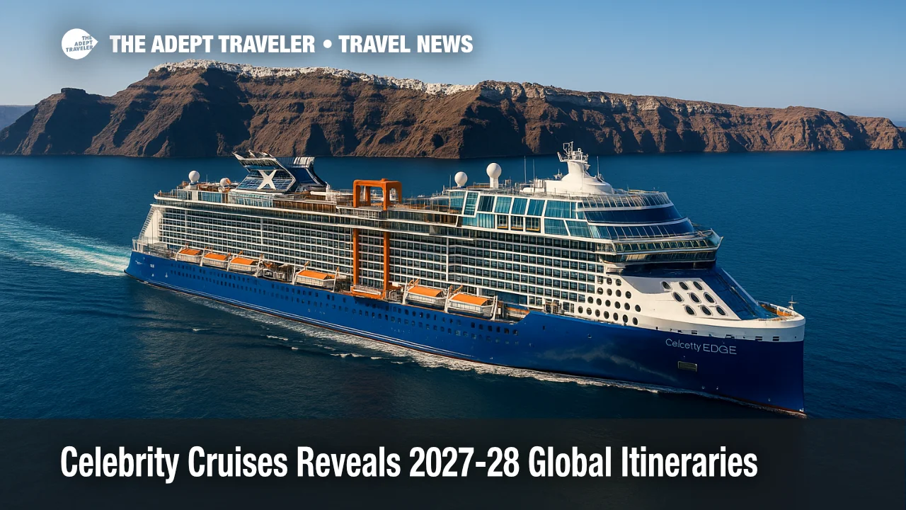 Celebrity Edge glides past Santorini's caldera, illustrating the expansive 2027-28 Celebrity Cruises itineraries.