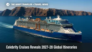 Celebrity Edge glides past Santorini's caldera, illustrating the expansive 2027-28 Celebrity Cruises itineraries.