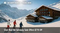 Snow-dusted Club Med Tignes lodge and skiers on the slope illustrate the Club Med Ski Getaway Sale all-inclusive ski vacation offer.