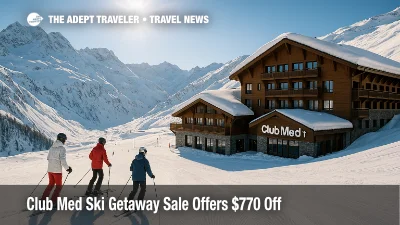 Snow-dusted Club Med Tignes lodge and skiers on the slope illustrate the Club Med Ski Getaway Sale all-inclusive ski vacation offer.