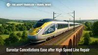 Eurostar train glides along a newly repaired high-speed track near Moussy, illustrating recovery from recent Eurostar cancellations.