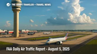 Air Traffic Report image showing Atlanta International control tower with aircraft queued, illustrating potential flight delays.