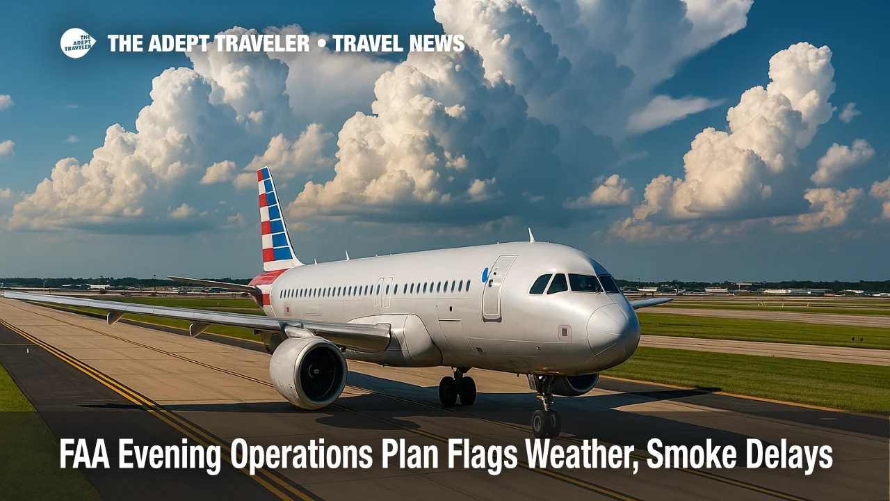 Commercial jet taxiing under swelling storm clouds, illustrating FAA evening operations plan and potential flight delay alerts.
