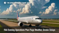 Commercial jet taxiing under swelling storm clouds, illustrating FAA evening operations plan and potential flight delay alerts.