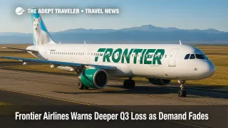 A Frontier Airlines A321neo takes off from Denver, illustrating the carrier's Q3 loss outlook and capacity cuts.