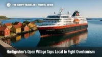Hurtigruten ship docked beside colorful houses in Træna, showcasing the Open Village program's community-led travel experiences.