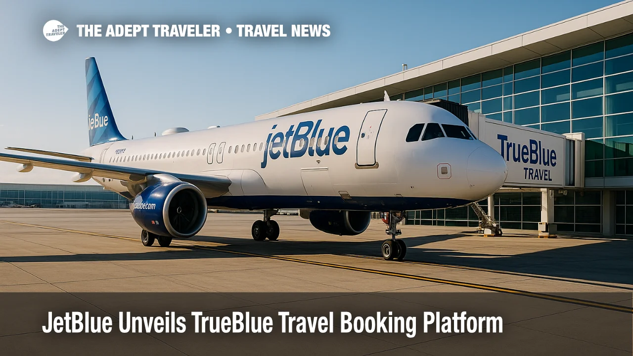 A JetBlue Airbus at the gate with TrueBlue Travel signage illustrates the airline's new travel booking platform and loyalty program expansion.
