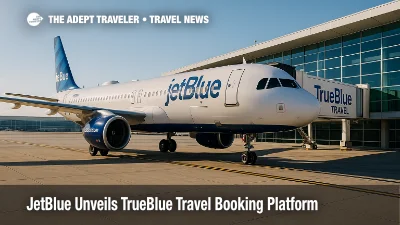 A JetBlue Airbus at the gate with TrueBlue Travel signage illustrates the airline's new travel booking platform and loyalty program expansion.