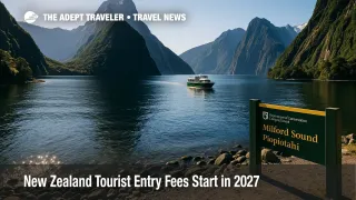 Visitors' launch glides through Milford Sound with Mitre Peak towering above, illustrating New Zealand tourist entry fees at iconic nature sites.