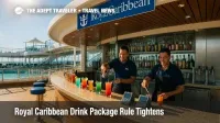 Poolside bar on a Royal Caribbean ship with bartenders preparing cocktails under bright sun, illustrating Deluxe Beverage Package policy.