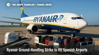 Azul Handling crews pause beside a Ryanair jet at Barcelona's ramp during the announced ground-handling strike, illustrating potential baggage delays.