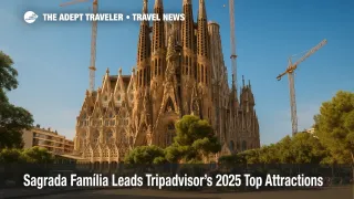 A bright midday photo of Barcelona's Sagrada Família, the 2025 Tripadvisor Travelers' Choice top attraction, showing spires and cranes against a clear sky.