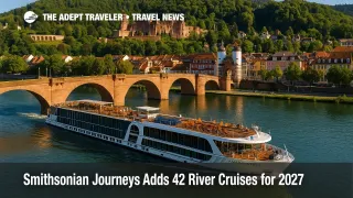 An AmaWaterways river ship sails under Heidelberg's stone bridge, illustrating the expanded Smithsonian Journeys river cruises portfolio for 2027.