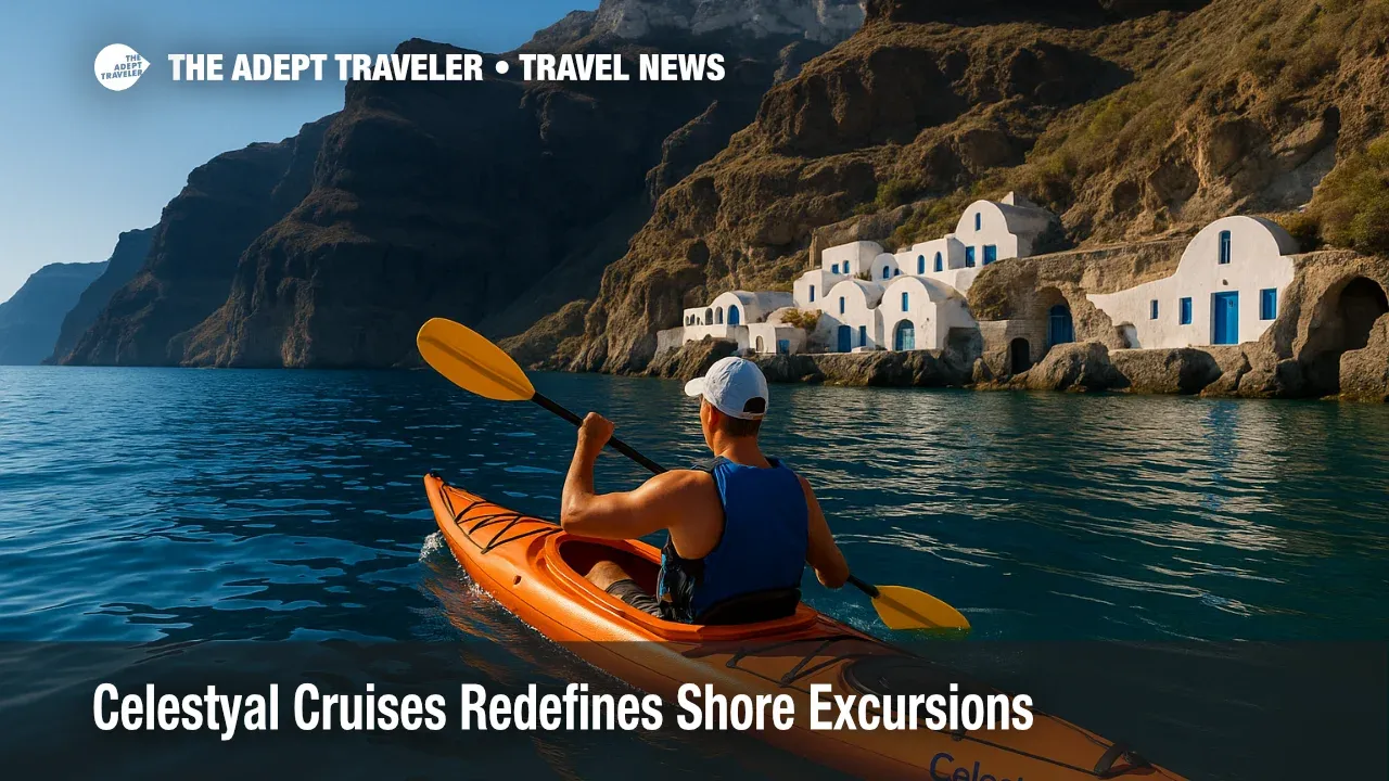A Celestyal Cruises guest kayaks below Santorini cliffs, showcasing cultural immersion on a boutique cruise shore excursion.