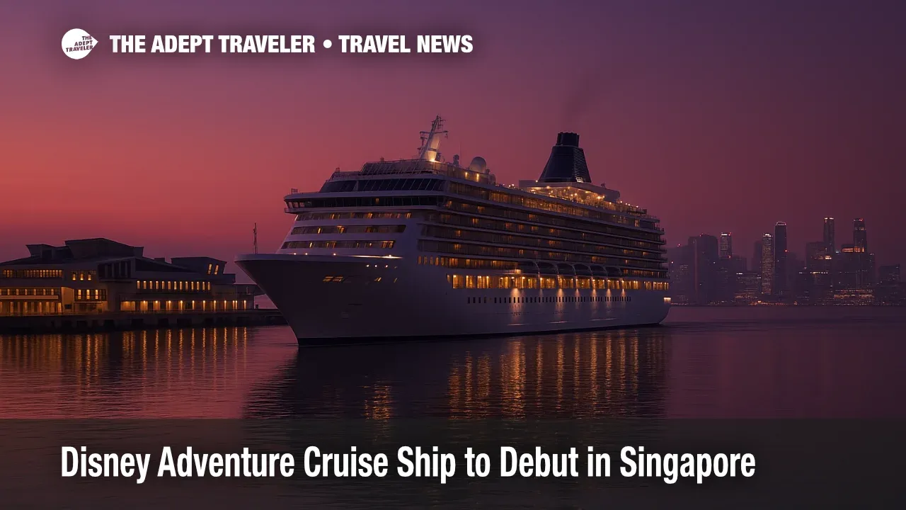 Disney cruise ship gliding out of Singapore's cruise terminal at twilight, deck lights mirrored on calm water, deep purple and orange sky framing the Marina Bay skyline in the background.