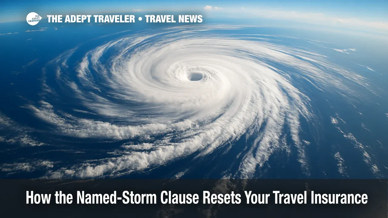 Atlantic cyclone satellite image shows how the named-storm clause affects hurricane travel insurance bought after naming.