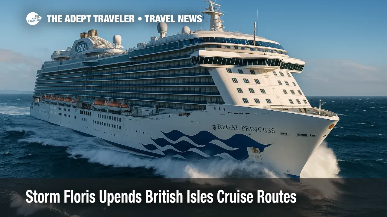 A Regal Princess cruise ship heels slightly amid foamy North Atlantic swells near Scotland, illustrating a Storm Floris cruise disruption.