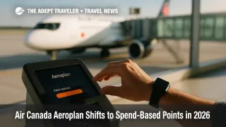 Traveler taps Aeroplan kiosk with smartwatch as Air Canada A220 waits at gate, showing loyalty program's digital ease.