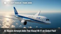 An ANA Boeing 787 soars above the Pacific under clear skies, illustrating the airline's new free Wi-Fi offer for international travelers.