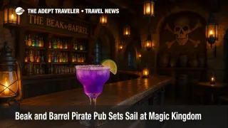 Interior of the Beak and Barrel pirate pub at Magic Kingdom, featuring the vivid purple Salty Seas mARRRgarita on the bar.