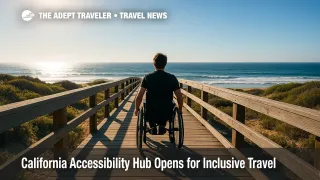 Wheelchair user heads down sunlit California boardwalk toward ocean, illustrating accessible travel and California Accessibility Hub benefits.
