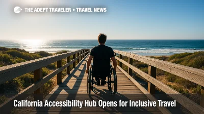 Wheelchair user heads down sunlit California boardwalk toward ocean, illustrating accessible travel and California Accessibility Hub benefits.