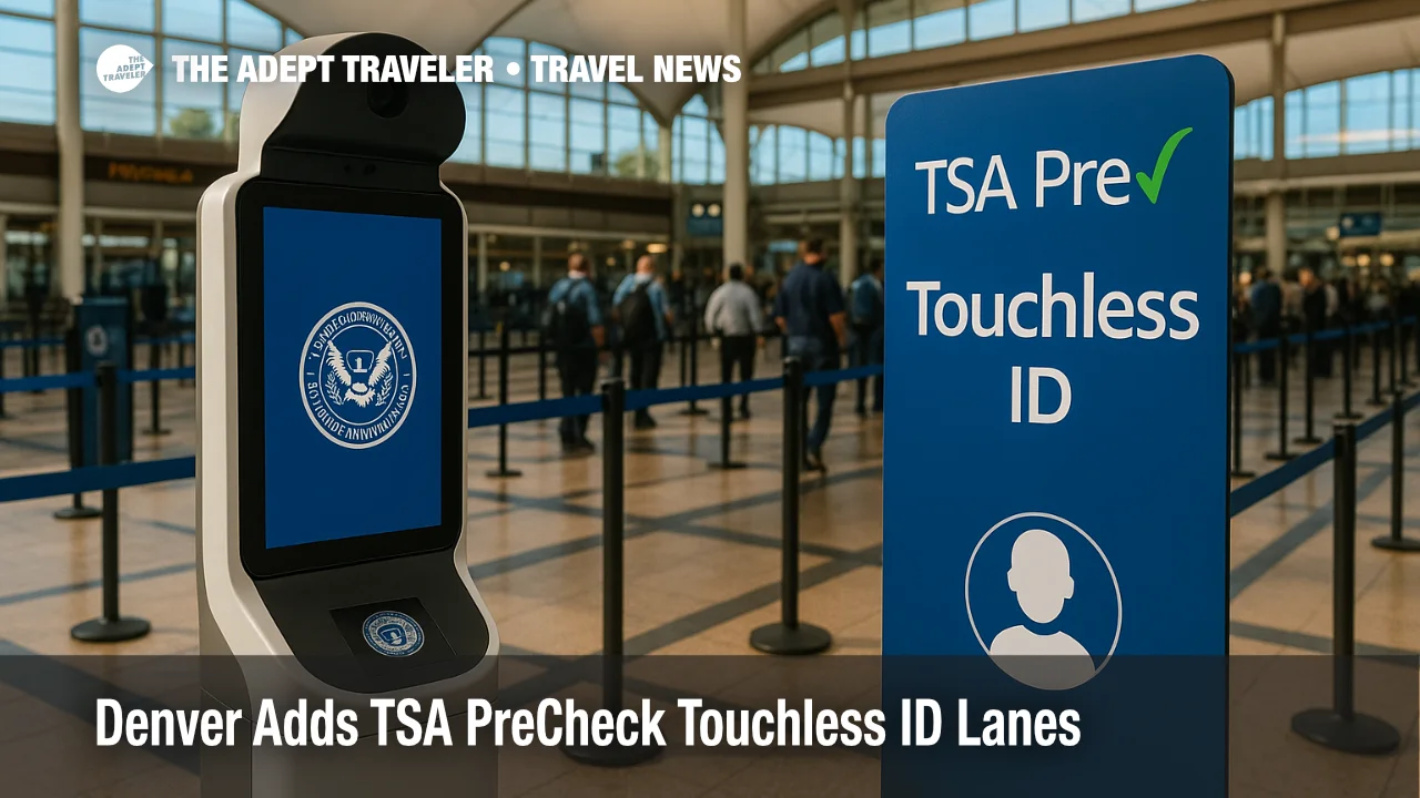 Facial-recognition kiosk in Denver International Airport's PreCheck lane shows TSA PreCheck Touchless ID in use, illustrating biometric screening efficiency.