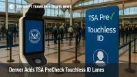 Facial-recognition kiosk in Denver International Airport's PreCheck lane shows TSA PreCheck Touchless ID in use, illustrating biometric screening efficiency.