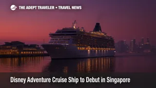 Disney cruise ship gliding out of Singapore's cruise terminal at twilight, deck lights mirrored on calm water, deep purple and orange sky framing the Marina Bay skyline in the background.
