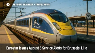 Eurostar e320 train arrives at Brussels-Midi beneath summer sun, illustrating August 6 service alerts and passenger guidance.