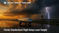 A passenger jet idles on a wet Miami runway as dark thunderstorm clouds gather overhead, illustrating Florida thunderstorm flight delays flagged by the FAA Daily Air Traffic Report.