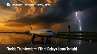A passenger jet idles on a wet Miami runway as dark thunderstorm clouds gather overhead, illustrating Florida thunderstorm flight delays flagged by the FAA Daily Air Traffic Report.