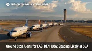 Airliners lined up on a Las Vegas taxiway under developing storm clouds, illustrating airport ground stop delays and standby travel challenges.