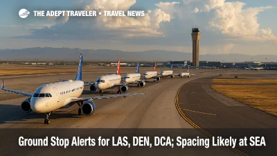 Airliners lined up on a Las Vegas taxiway under developing storm clouds, illustrating airport ground stop delays and standby travel challenges.