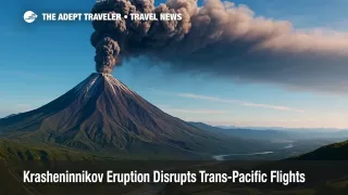 Aerial view of Krasheninnikov volcano releasing a towering ash plume over Kamchatka, illustrating volcanic ash and aviation alert impacts on travel.