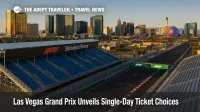 Grandstand view of the Las Vegas Strip circuit at dusk, illustrating Formula 1 single-day ticket availability for the 2025 race.