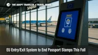 Biometric passport control kiosk at an EU border shows the Entry/Exit System set to replace passport stamps across Europe.