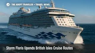 A Regal Princess cruise ship heels slightly amid foamy North Atlantic swells near Scotland, illustrating a Storm Floris cruise disruption.