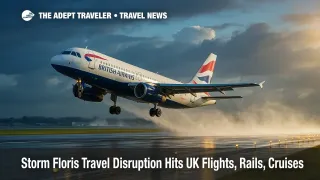 A British Airways jet lifts off a wet Heathrow runway amid grey squalls, illustrating Storm Floris travel disruption across UK air travel.